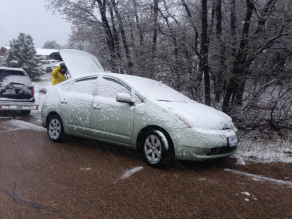 Snow on the prius. Luckily the concrete roads were clear